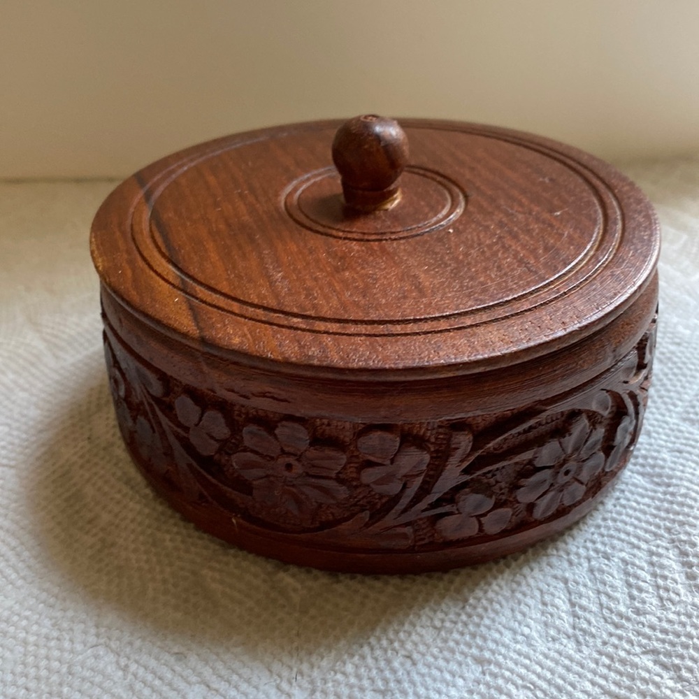 Boho mahogany hand crafted  carved dark wood with lid trinket box.